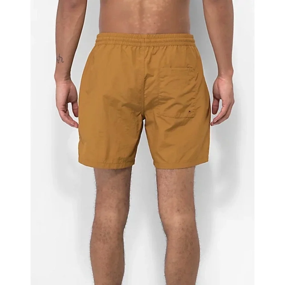Mens Sz M Empyre Dark Khaki Board Shorts Floater Red Drawstring‎ Swim Trunk